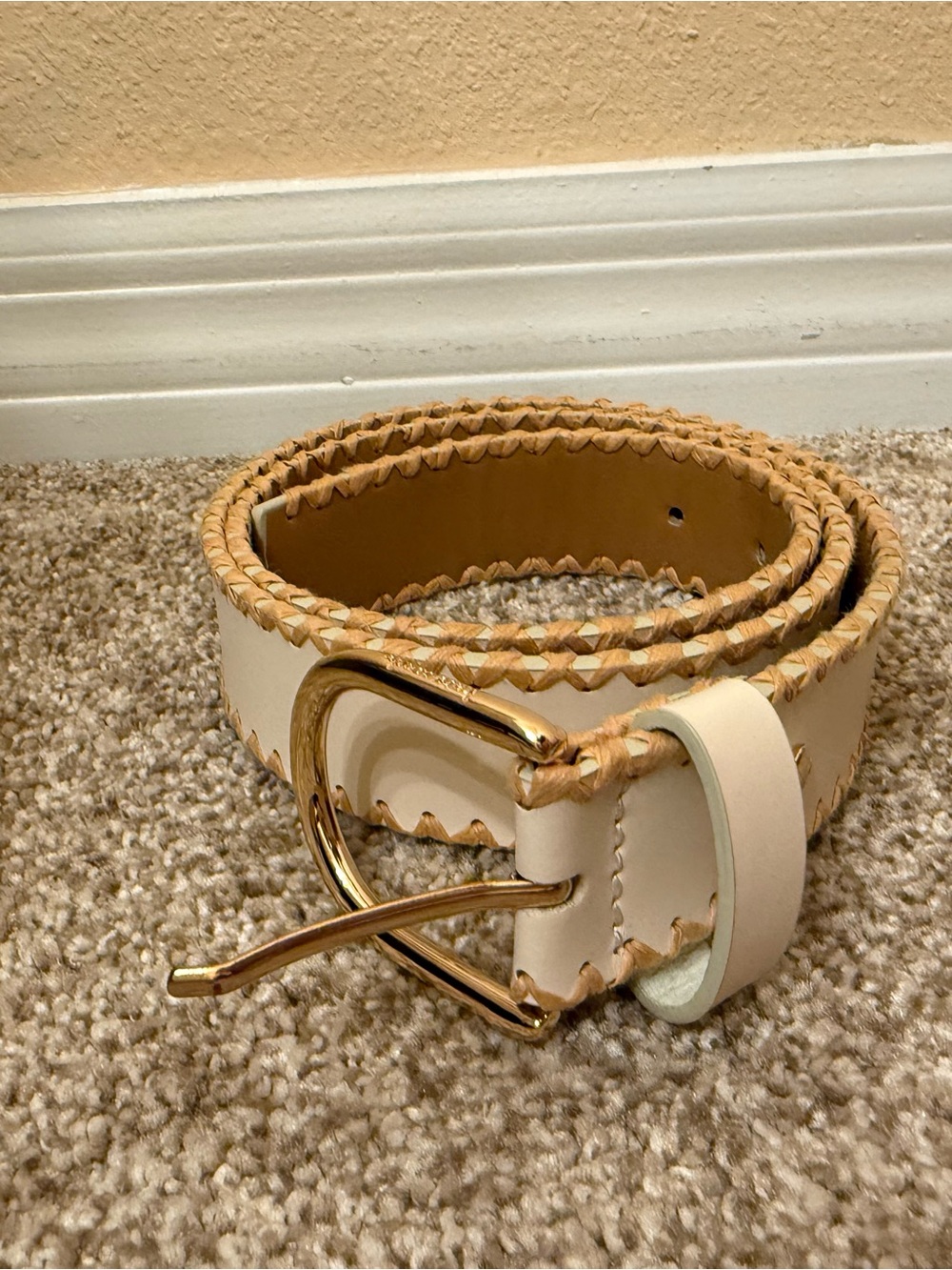 kate spade Cream Leather Belt with Tan Woven Trim and Gold Buckle